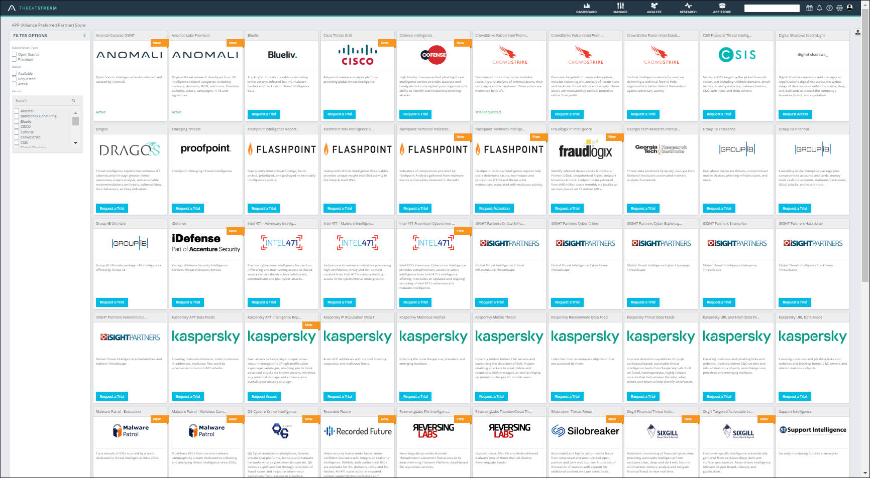 The APP (Alliance Premium Partner) Store is a threat intelligence marketplace that provides access to a wealth of Anomali partners for adding enhanced threat intelligence streams