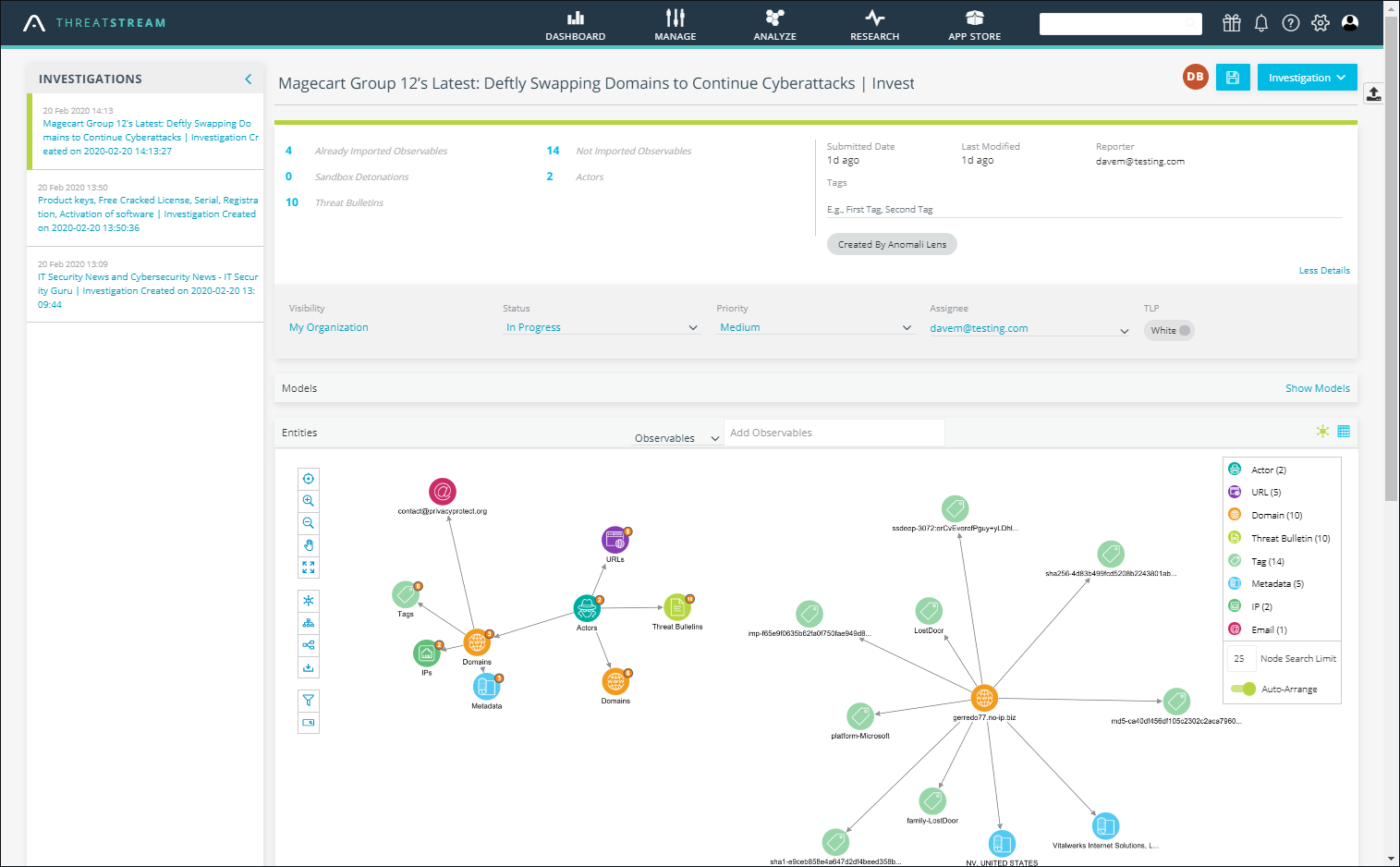 The Investigations page provides a collaborative workspace for deep threat analysis