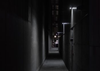 The image depicts a dark alley with several doorways on the right. Each doorway is lit by a dull lamp, which is mounted above it.