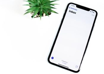 iPhone X/11, open Mail application with empty inbox. To the left of the phone is a green plant.