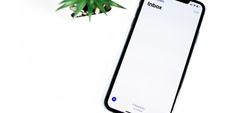 iPhone X/11, open Mail application with empty inbox. To the left of the phone is a green plant.