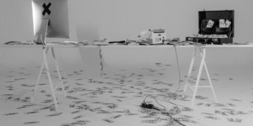 black and white image of a macbook computer screen - from the back - and an open suitcase. There are dollar bills all over the floor