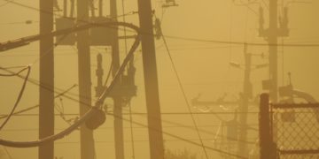 Fog covered power lines