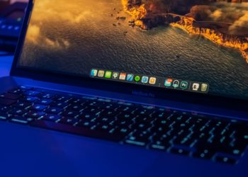 Close up of an Apple Macbook screen Blue light.