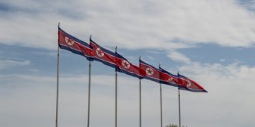 Line of North Korean flags