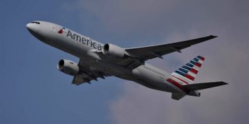 An aeroplane flying through the sky