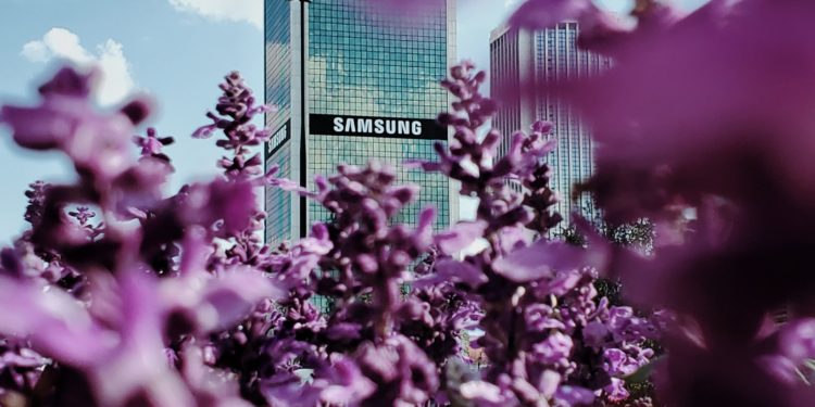 Samsung building. Purple flowers.
