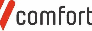 comforte written in black, red triangle with red dot.