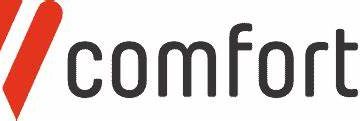 comforte written in black, red triangle with red dot.