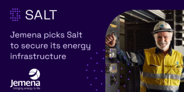 Purple image, text, man in Jemena work clothes.
