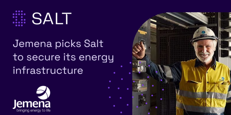 Purple image, text, man in Jemena work clothes.